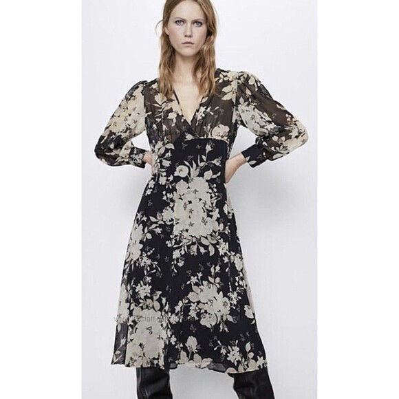 Zara Yellow/Black Floral V Neck Flowy Chiffon Sheer Dress Size XL - Picture 1 of 14